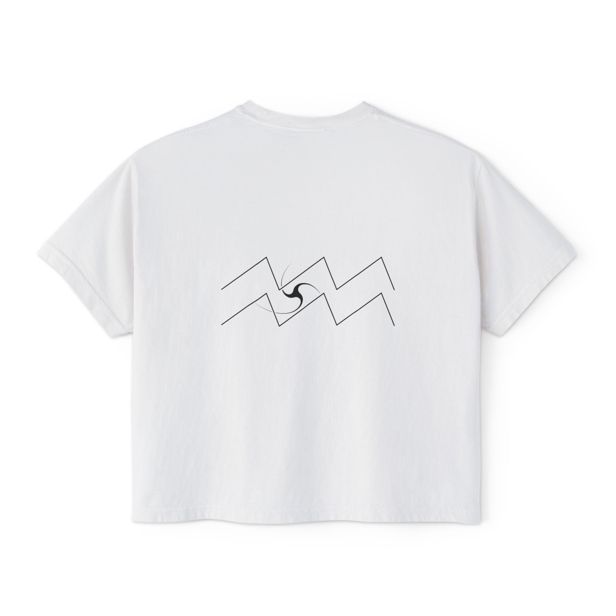 Back view of a white t-shirt featuring a minimalist Aquarius zodiac design in orbital line-art