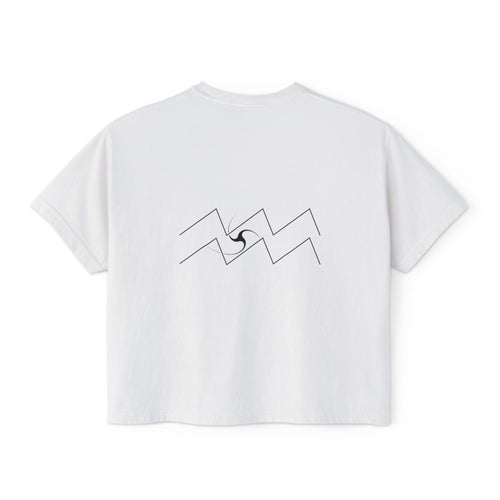 Back view of a white t-shirt featuring a minimalist Aquarius zodiac design in orbital line-art