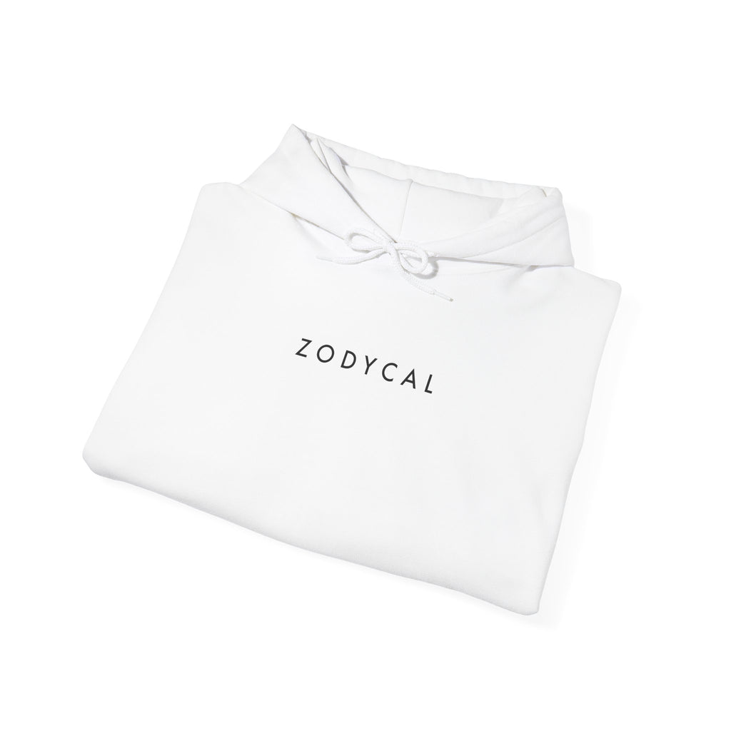 Front view of a folded White hoodie featuring a minimalist Zodycal brand design