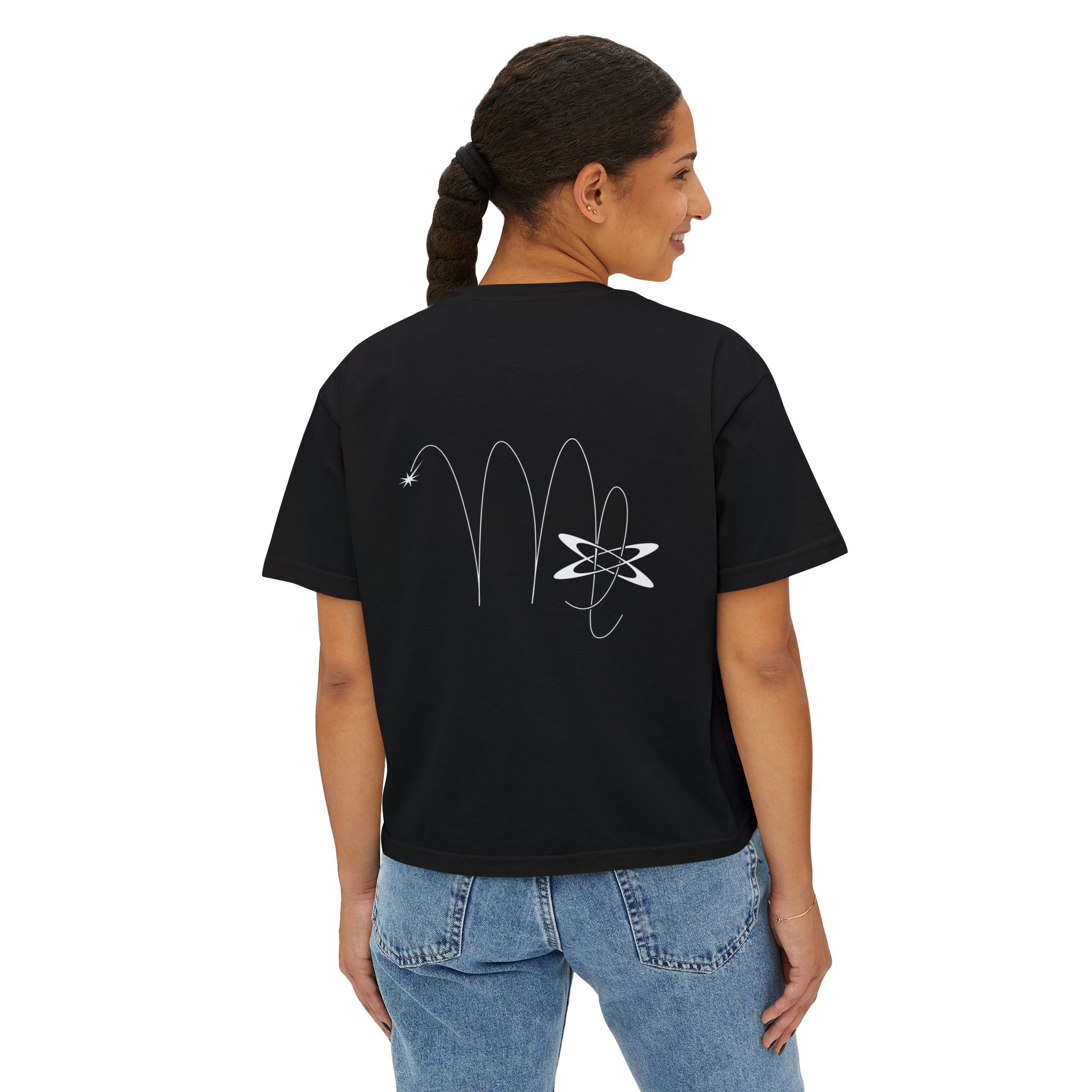 Person wearing a Black t-shirt with a minimalist Virgo zodiac design in orbital line-art in the back