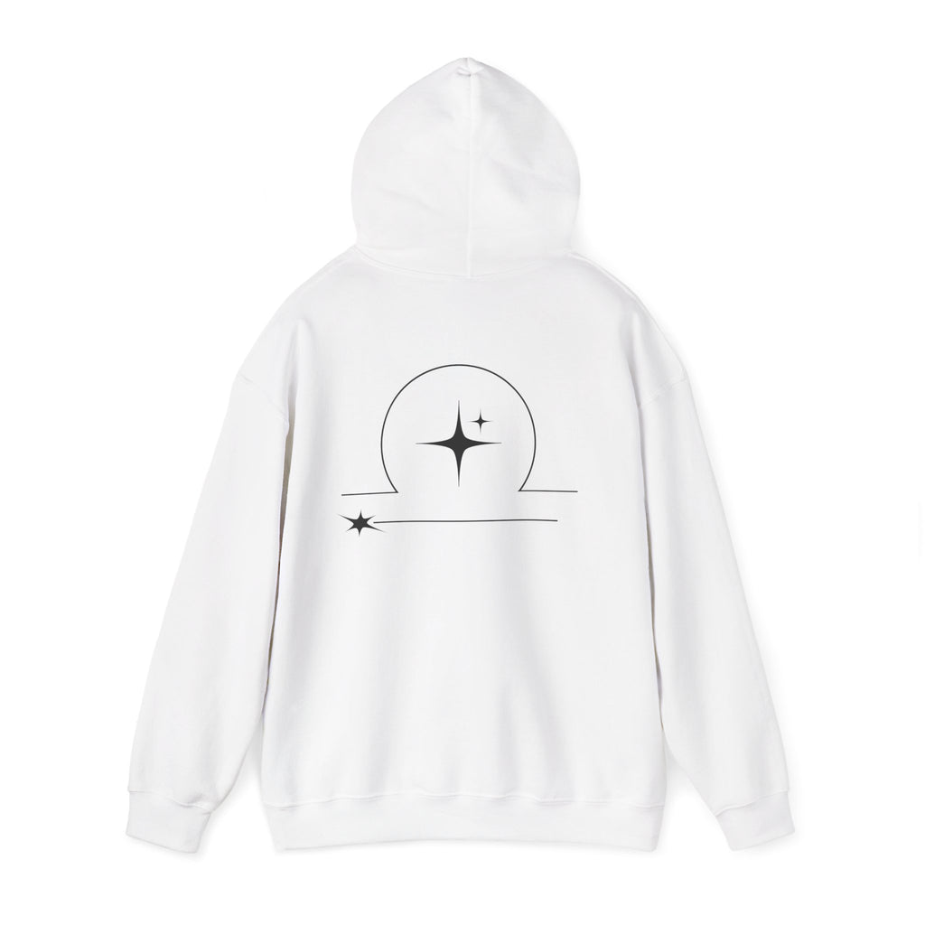 Back view of a white hoodie featuring a minimalist Libra zodiac design in orbital line-art